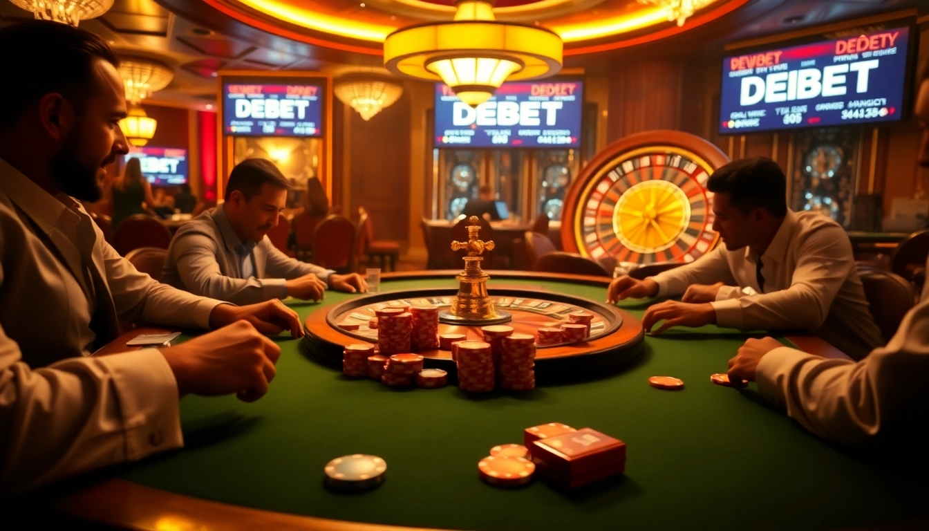 Exciting poker game at a luxurious casino featuring DEBET betting options displayed on screens.