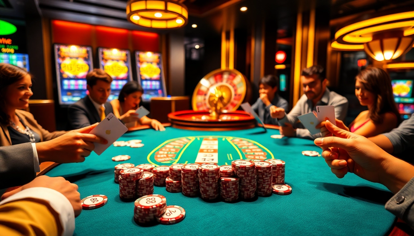 Excited players enjoying a poker game at 888vi casino, showcasing vibrant casino elements.