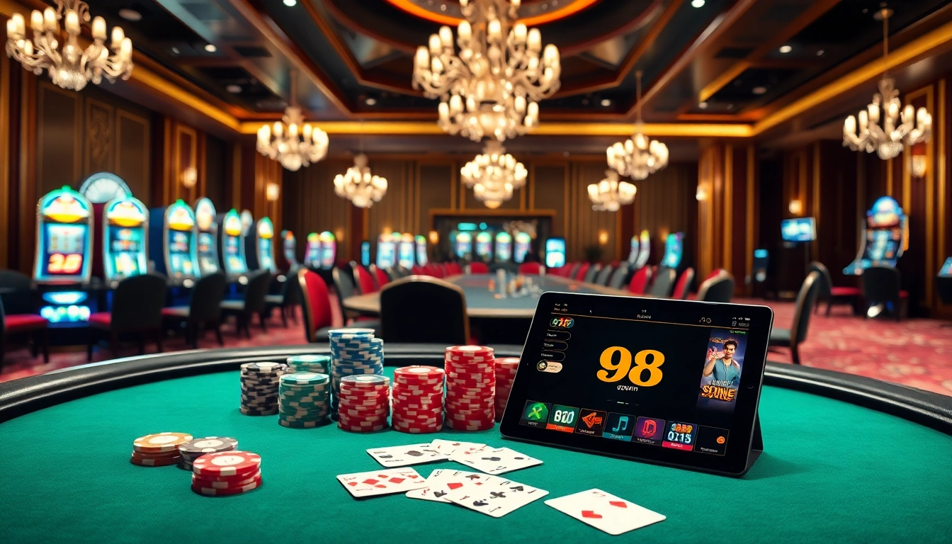 98win poker scene with players, colorful chips, and intense gameplay in a luxurious casino.