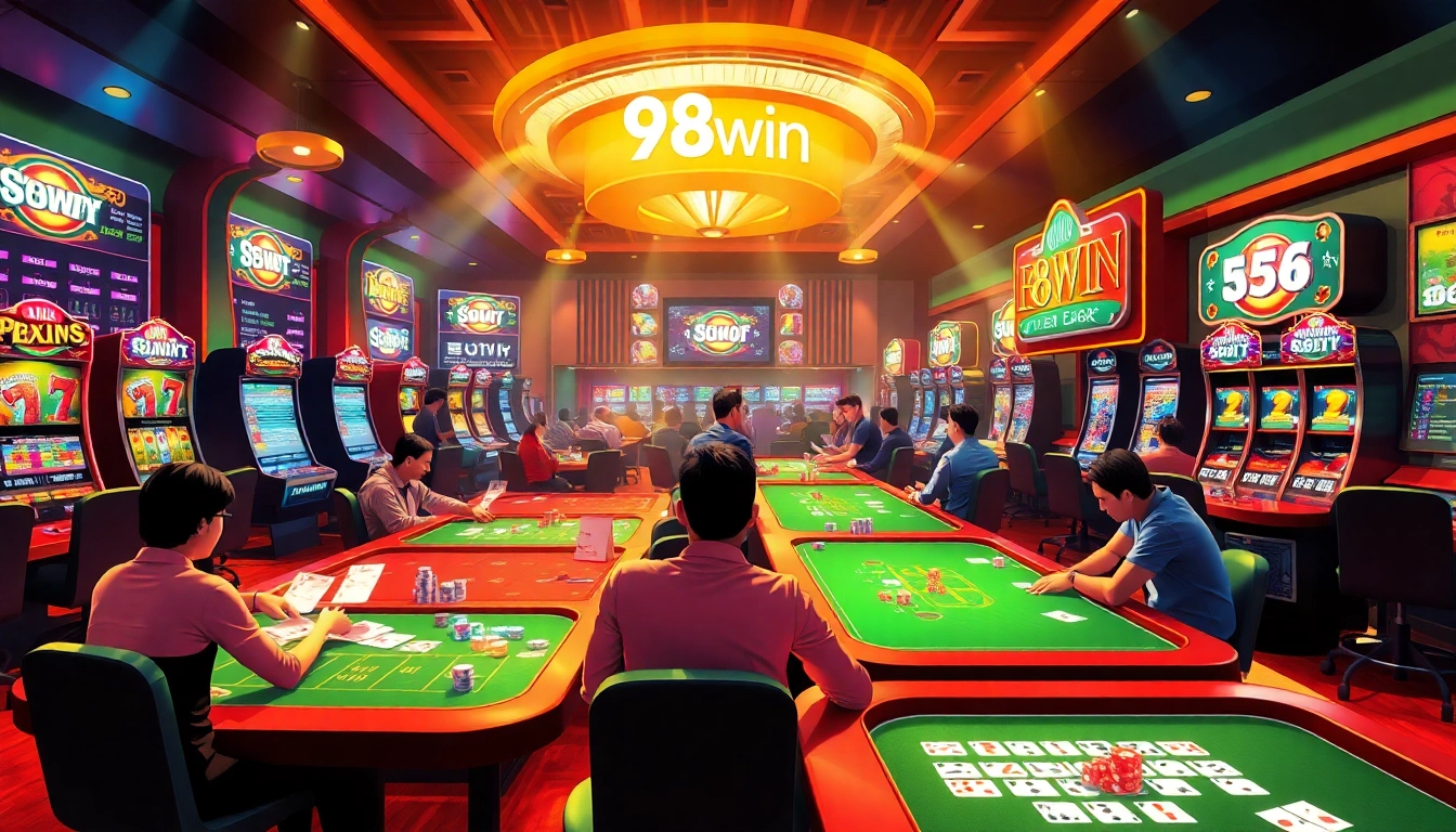 Exciting online gambling scene featuring 98win with players engaged in games like poker, slots, and sports betting.