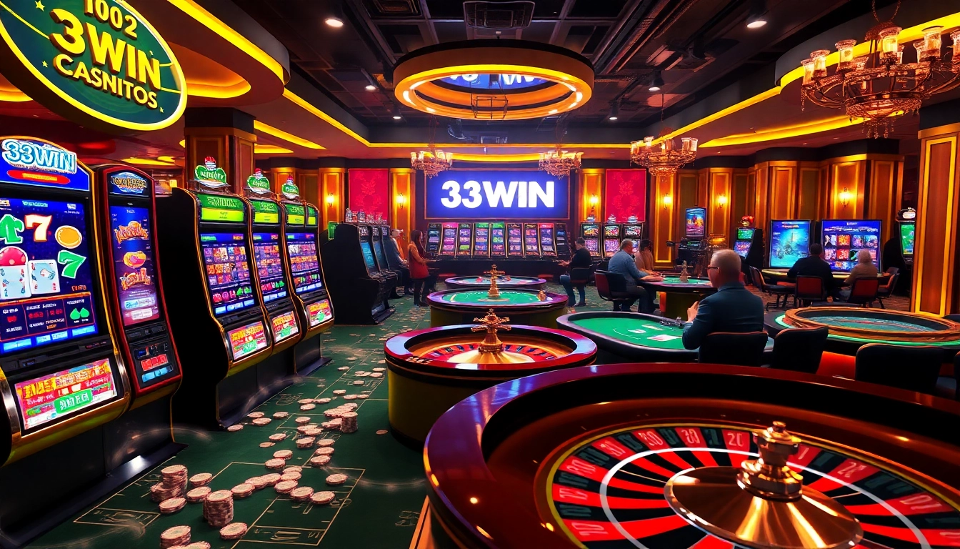 Engaging gameplay at 33WIN showcasing vibrant slot machines and poker chips in a luxurious online casino.