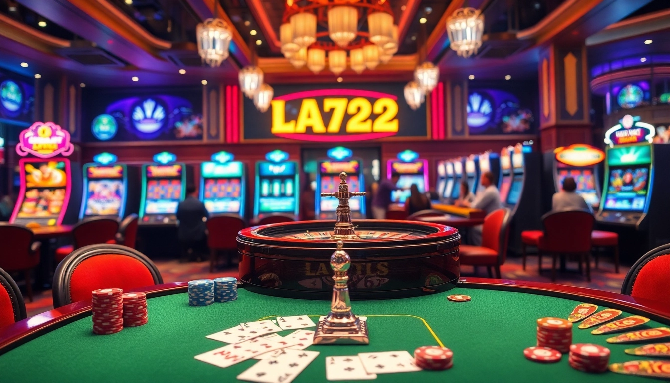 Players winning free credit live22 at a lavish casino, surrounded by vibrant slot machines and poker tables.