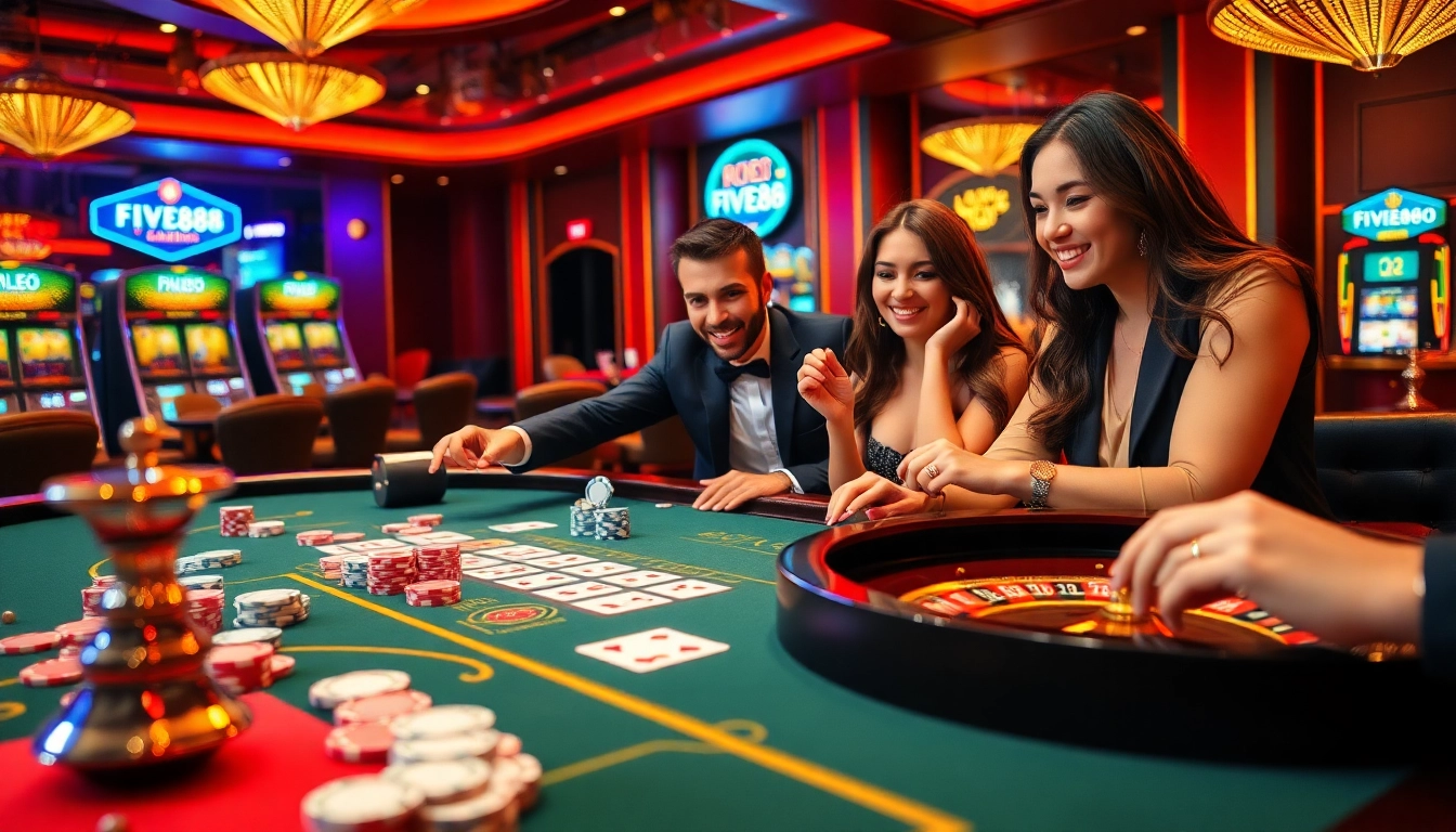 FIVE88 players enjoying a thrilling casino table game experience surrounded by vibrant décor.
