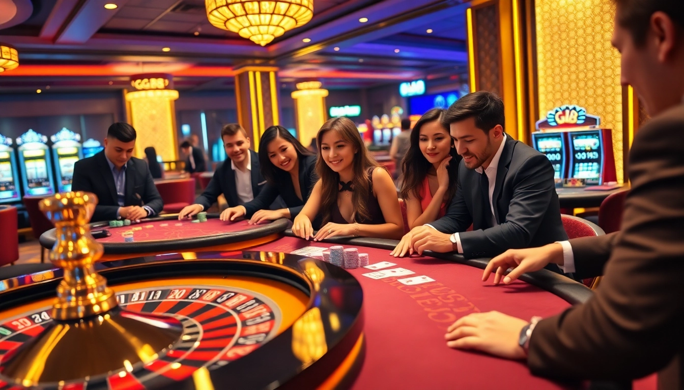 Exciting GG88 casino scene with diverse players engaging at roulette and blackjack tables.