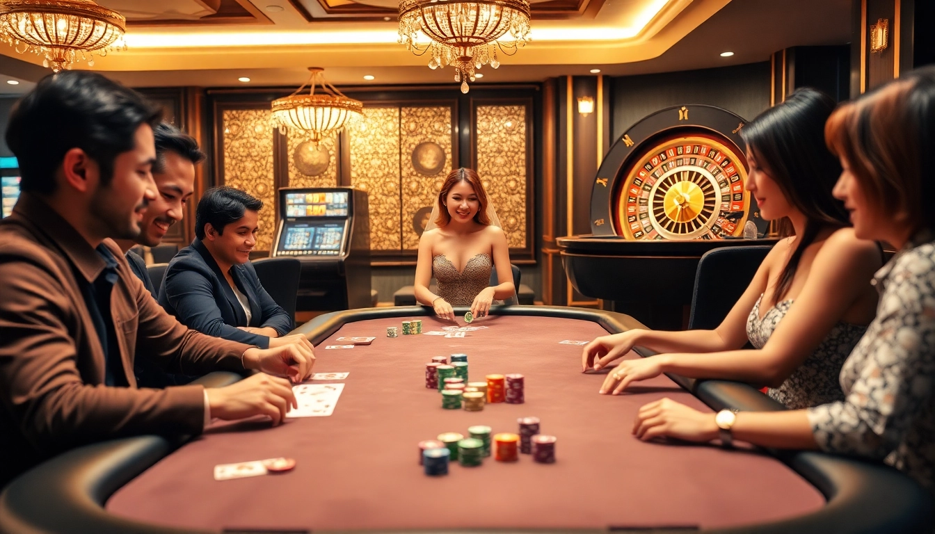 Players enjoying an exciting poker game at TV88 casino, showcasing vibrant chips and decks.
