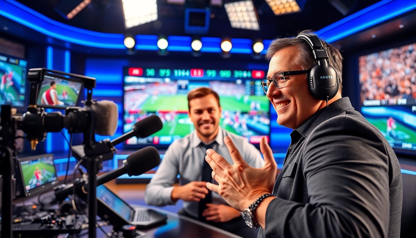 Sports Broadcasting anchor presenting live updates in a modern studio environment.