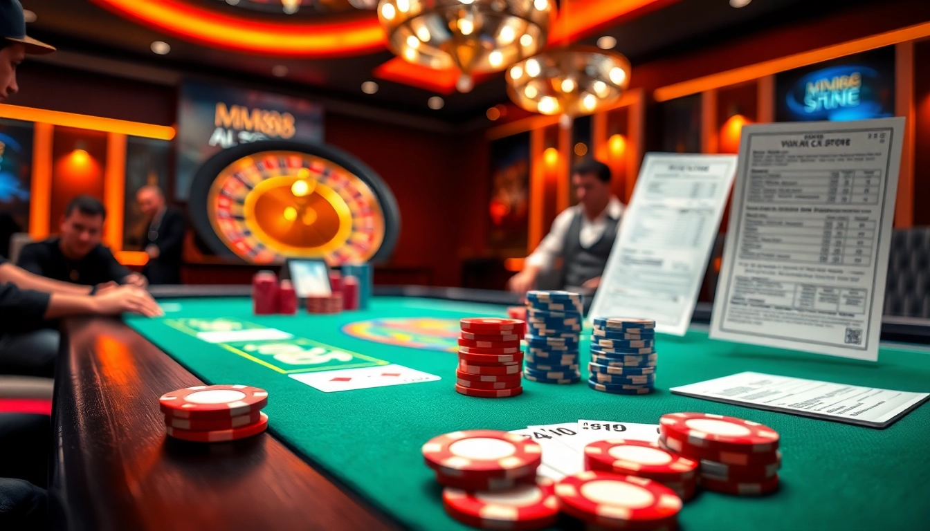 MM88 casino table with poker chips, cards, and roulette wheel in a vibrant atmosphere.