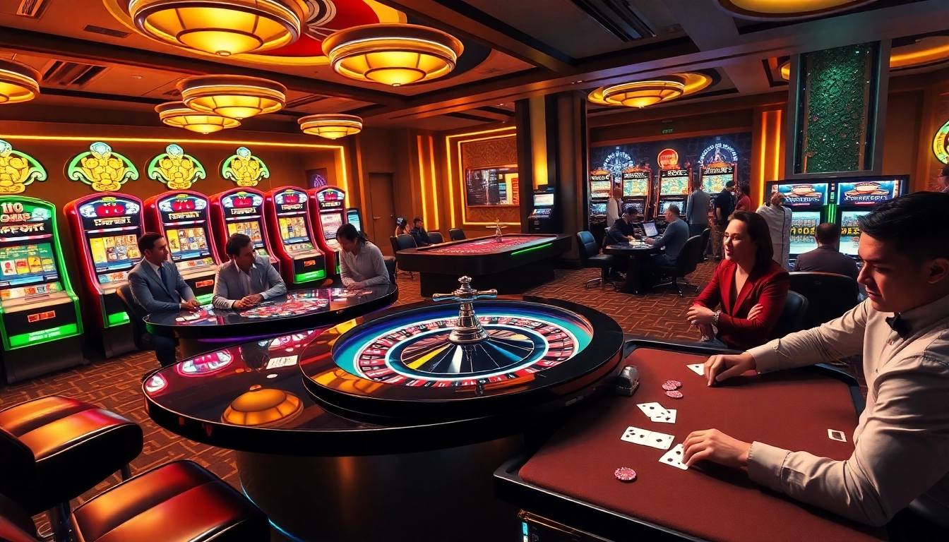 A thrilling casino experience at https://8kkbet.com/ featuring excited players at a roulette table and vibrant slot machines.