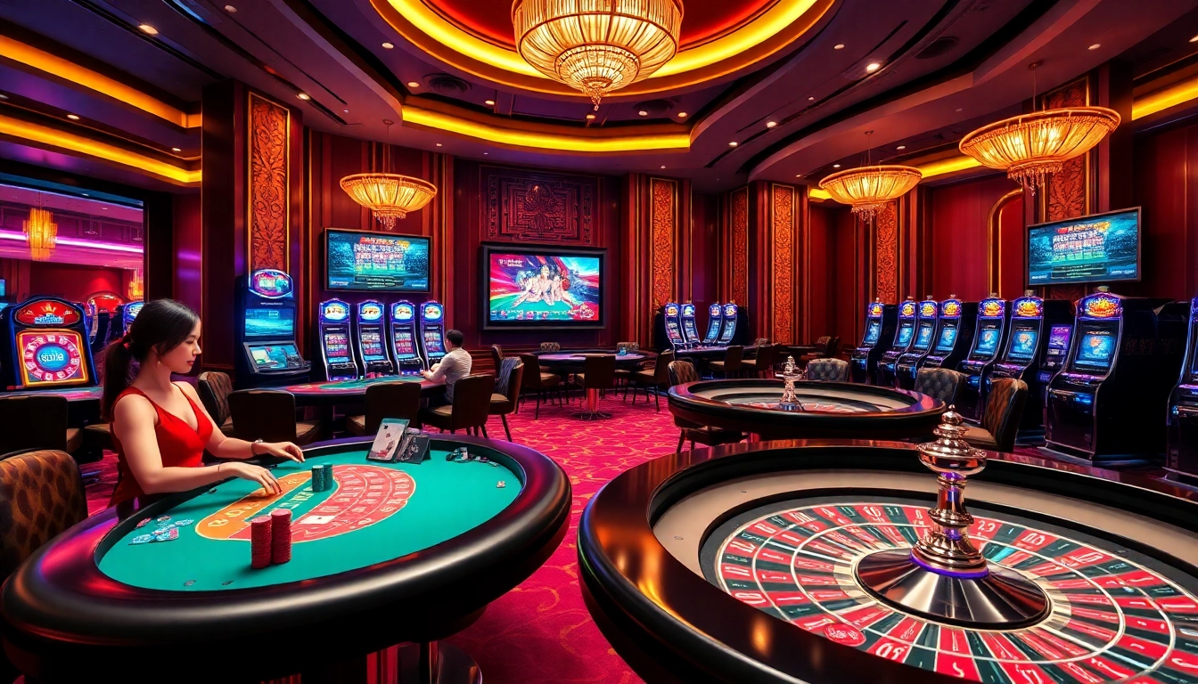 MM88 online casino interface with vibrant gambling elements like slot machines and dealer tables.