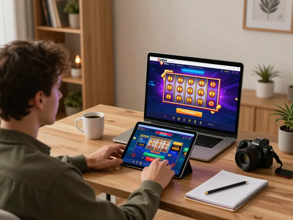 Player engaging with the Oxbet online casino platform on a sleek tablet in a cozy home office.