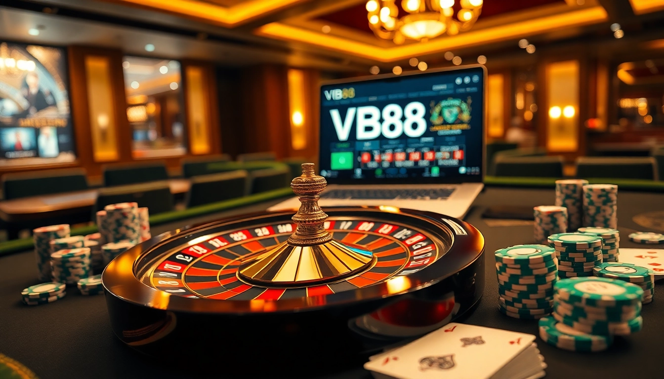 Experience the thrill of VB88 in a vibrant casino scene with roulette and poker elements.