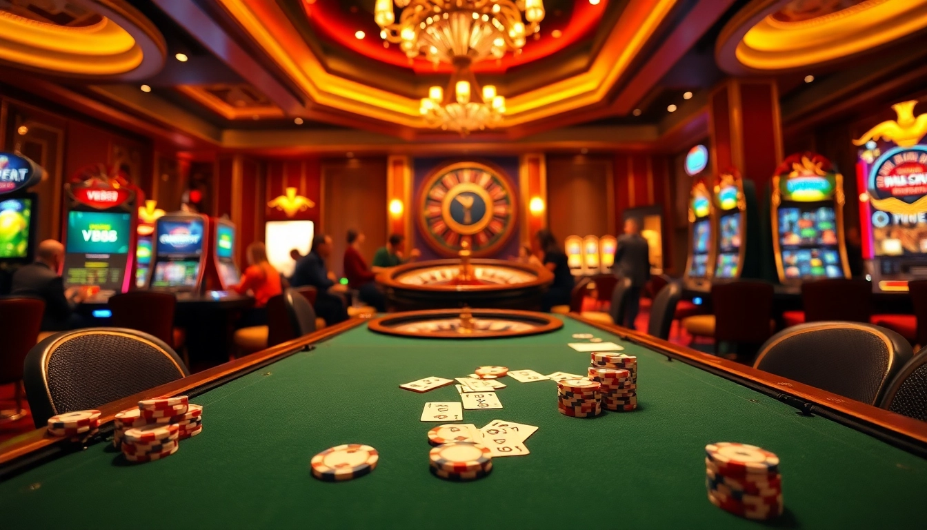 Place bets at VB88, an exciting casino with poker tables, roulette wheel, and vibrant gaming atmosphere.