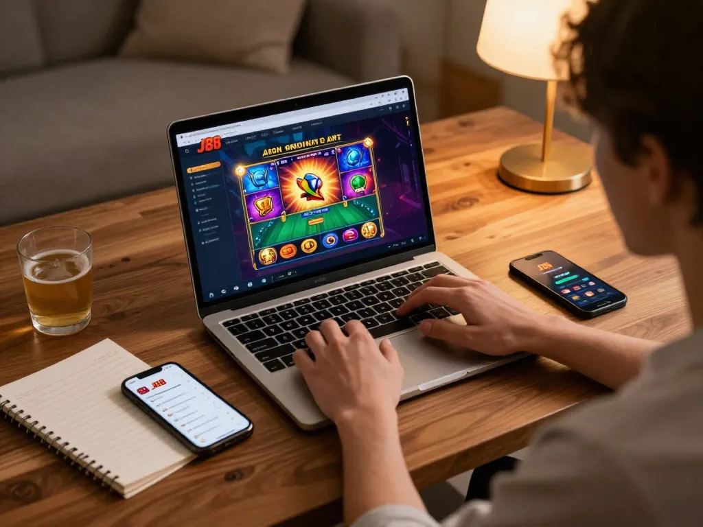 Engage with J88 online casino gameplay on a laptop in a cozy home setting.