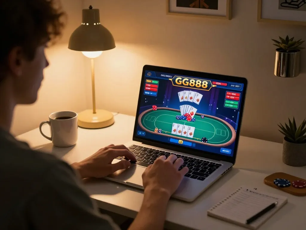Engaging in GG888 online casino gaming with vibrant poker interface displayed on laptop.