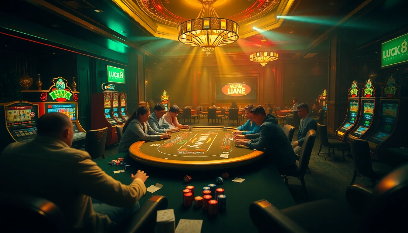 Experience the thrilling atmosphere of Trang chủ Luck8 with live poker action and vibrant casino elements.