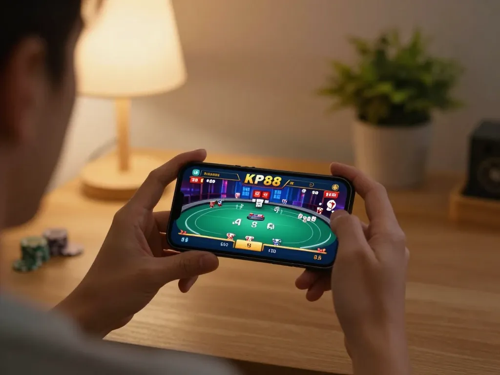 Engaging in exciting online poker gameplay on KP88 app in a cozy home environment.