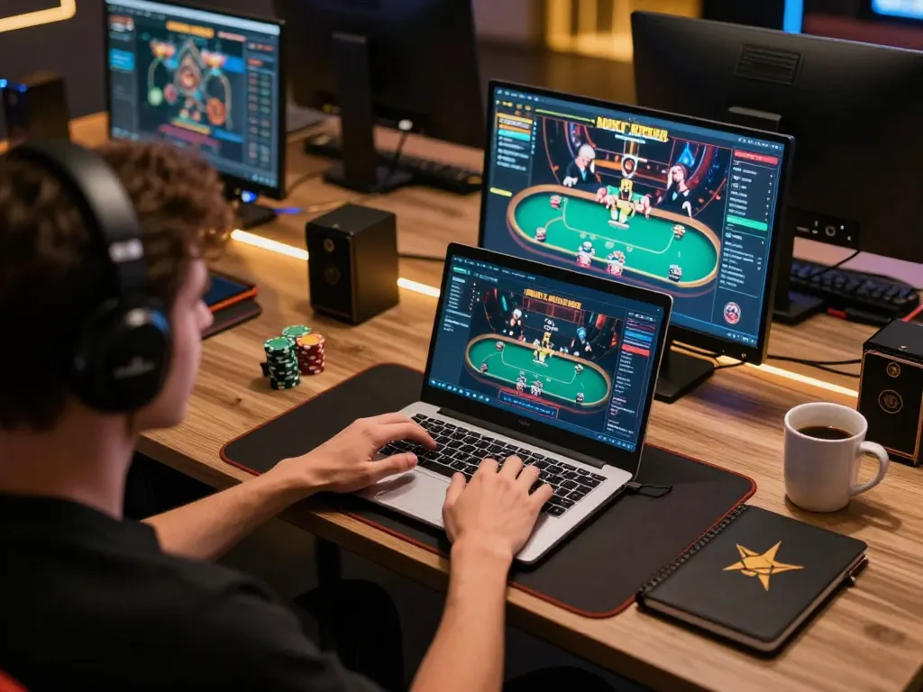 Player engaging in online gaming at TA88, showing poker interface and cozy setting.