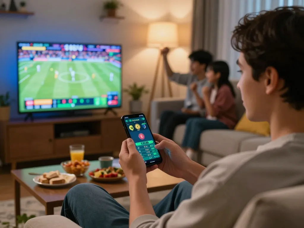 Net88 sports betting enthusiast placing bets on smartphone while watching live sports