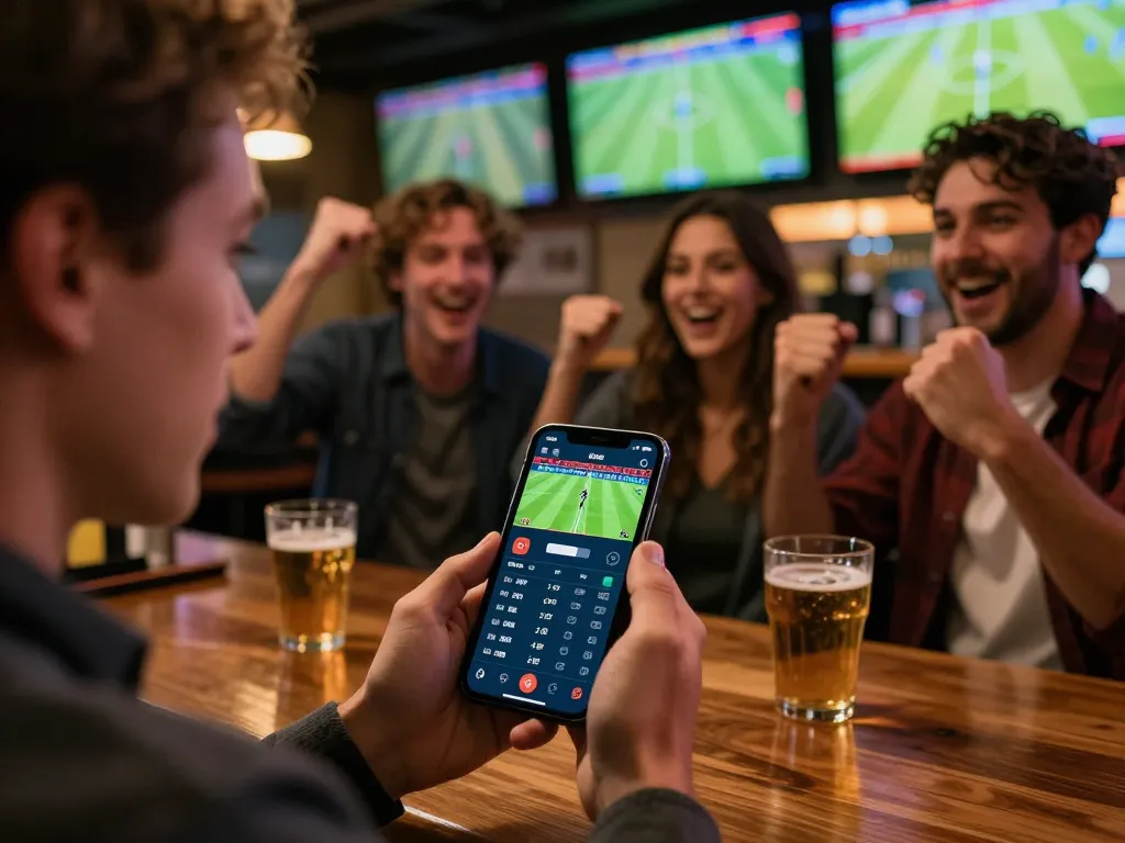 Placing bets on kèo nhà cái hôm nay using a mobile app in a vibrant sports bar.