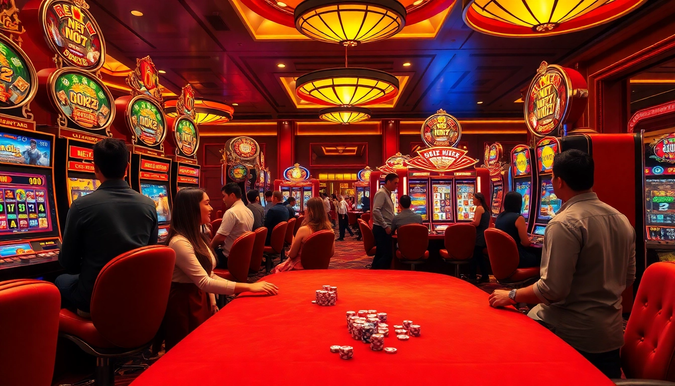 Experience the excitement of nổ hũ in a luxurious casino environment with vibrant slot machines and joyful players.