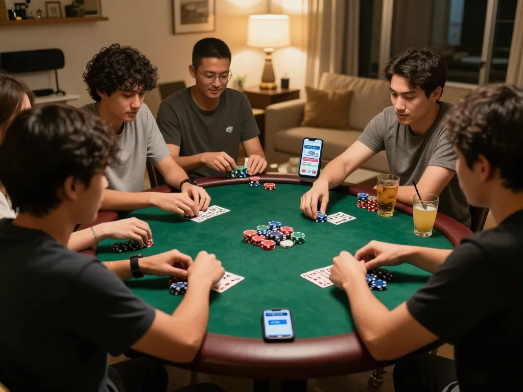 Players enjoying a lively poker night with Vin88 app displayed, capturing the excitement of social gambling.