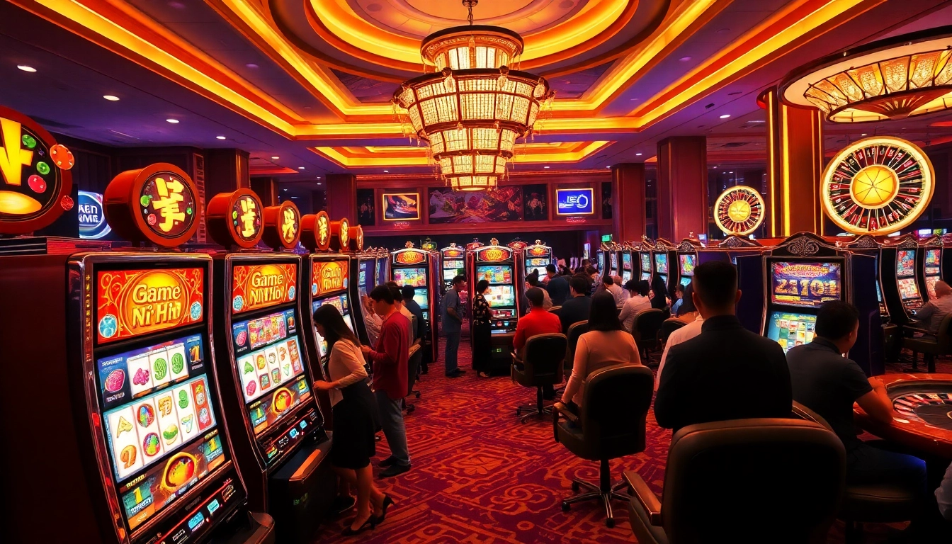 Excited players engaging with Game Nổ Hũ slot machines in a vibrant casino setting.