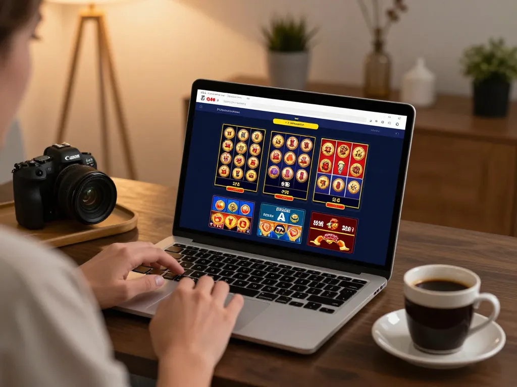 Player exploring nhà cái Net88 online casino games on a laptop in a cozy home environment.