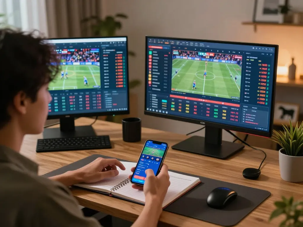 Engaged player using https://www.mnm88.com/ for online sports betting during live events.