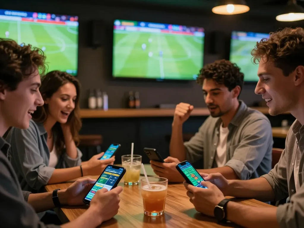 Friends engaging in kèo nhà cái during a live sports event in a vibrant sports bar setting.