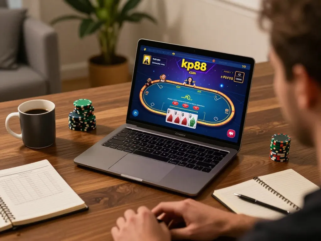 Engaged player enjoying online poker at kp88 com in a cozy home environment, showcasing strategic gameplay