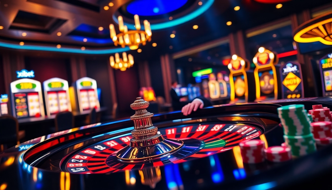 Xibet themed casino environment showcasing vibrant roulette and poker elements.