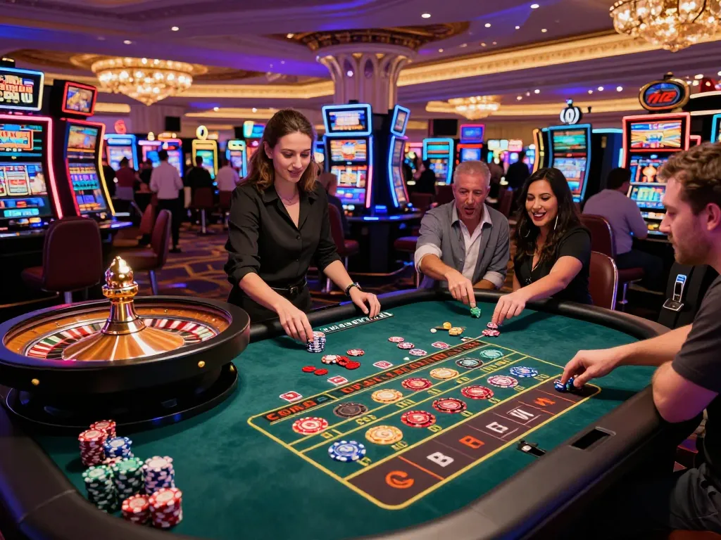 TX88 roulette action featuring players betting and croupier spinning wheel at a vibrant Vegas casino.