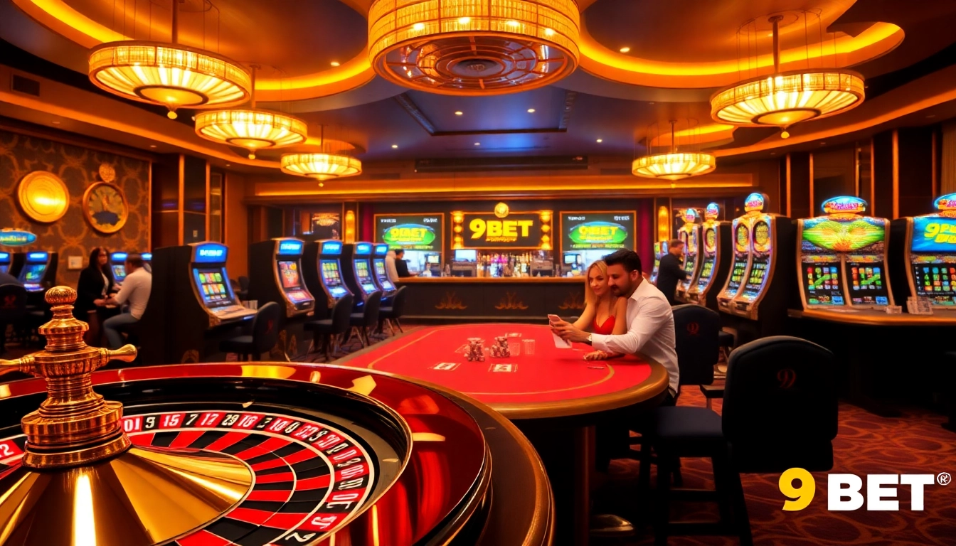 Experience thrilling action at 9BET's luxury casino as players enjoy roulette and poker.