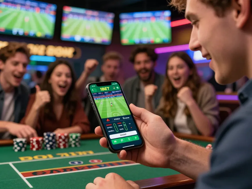 Engaging mobile sports betting experience on the 11BET app at a lively sports bar.