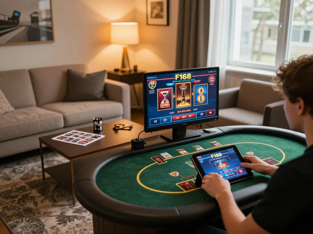 Player engaging with F168’s online casino platform on a tablet from a cozy living room setup, showcasing betting activities.