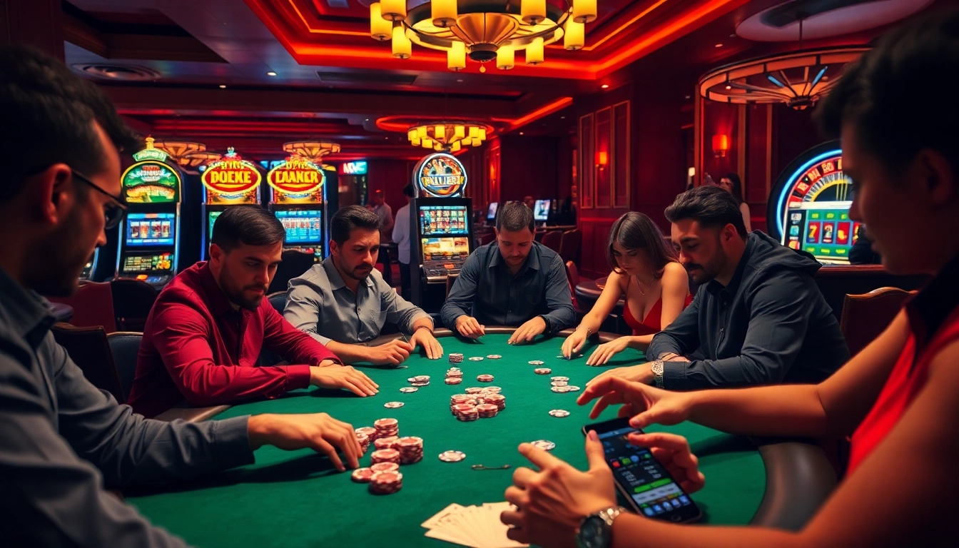 Players engage in a thrilling poker game at a casino table representing 11bet's excitement.