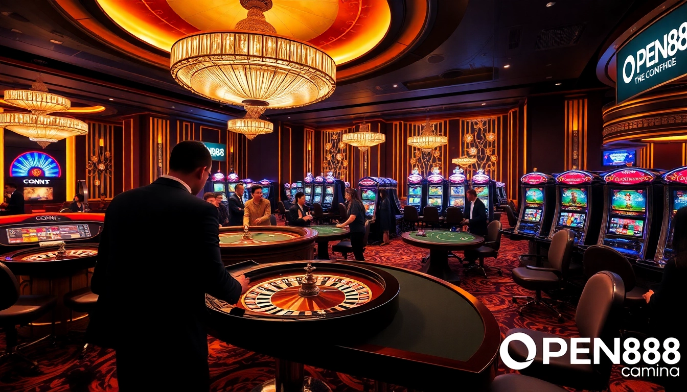 Dynamic gambling scene at OPEN88 showcasing roulette, poker, and vibrant casino atmosphere.