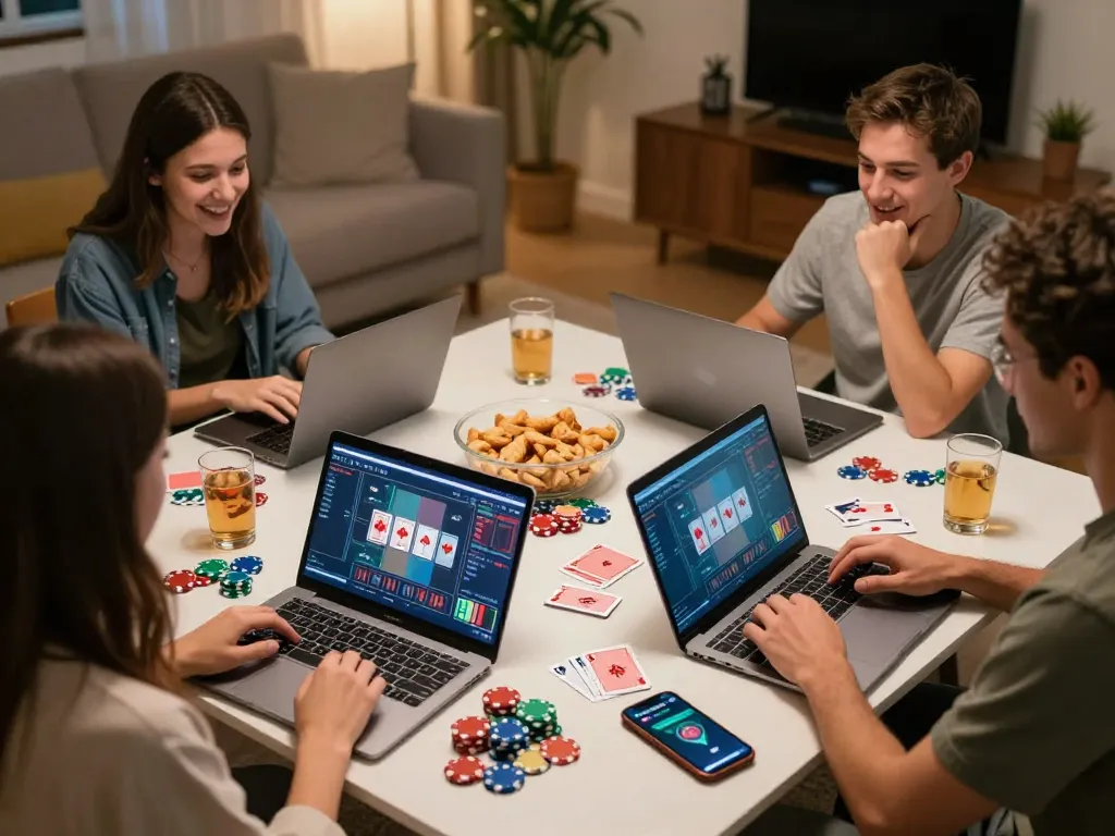 Friends playing poker online at home with KU88 app visible on smartphone.