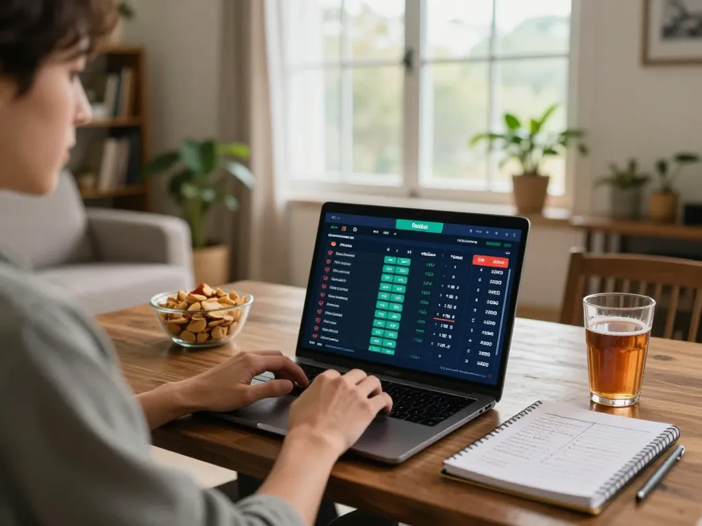 DEBET sports betting scene with user analyzing odds on laptop in a comfortable home environment.