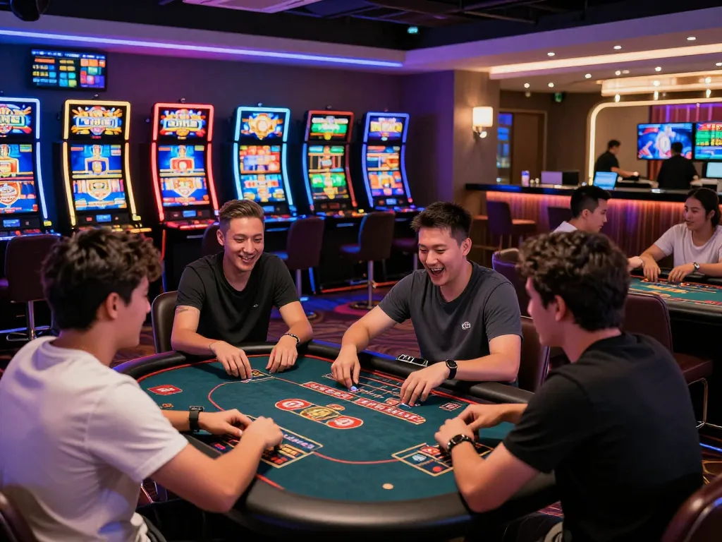 F168 online gaming platform showcasing players at lively digital casino tables with vibrant decorations and immersive atmosphere.