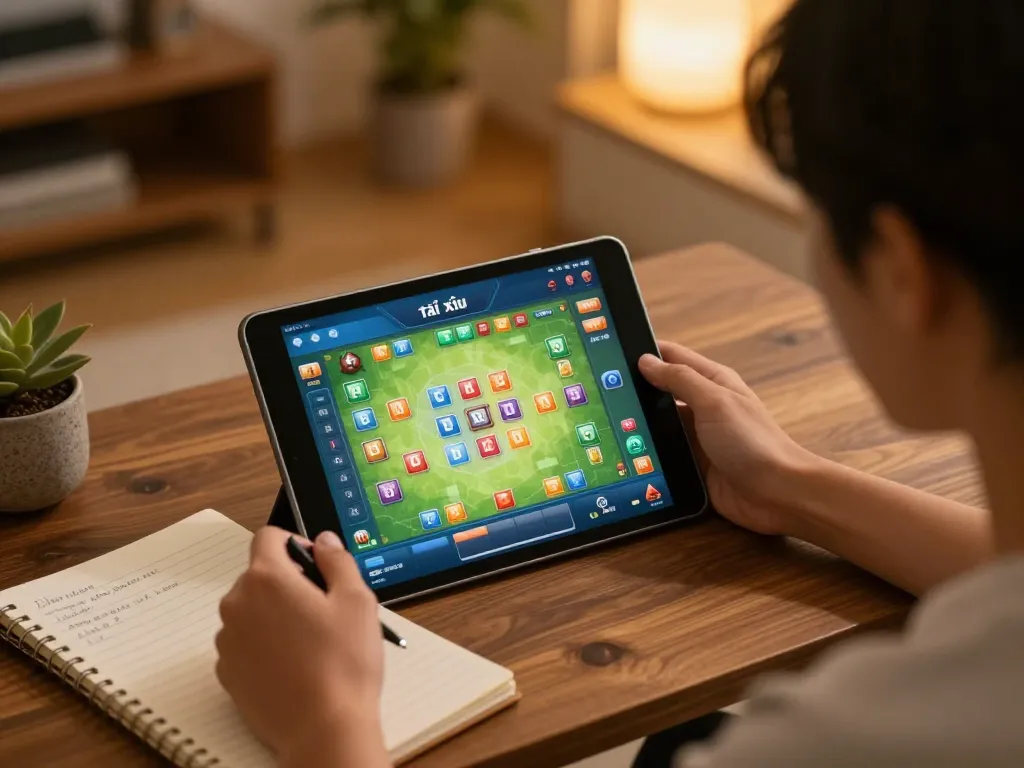 Player analyzing betting strategies using the app tài xỉu online on a tablet in a cozy home setting.