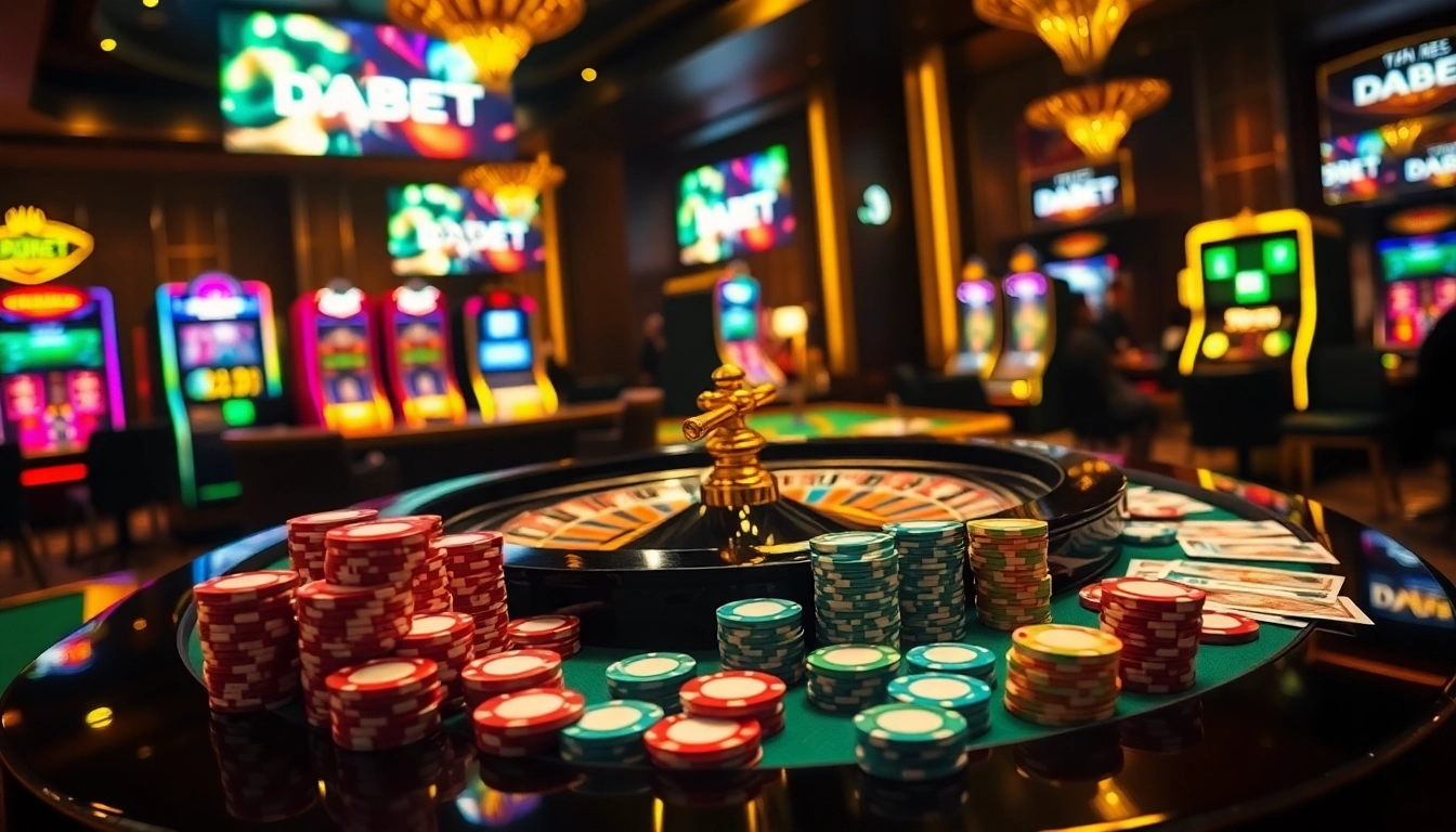 Players thrill at the DABET casino, engaging in roulette and card games amid vibrant lighting.