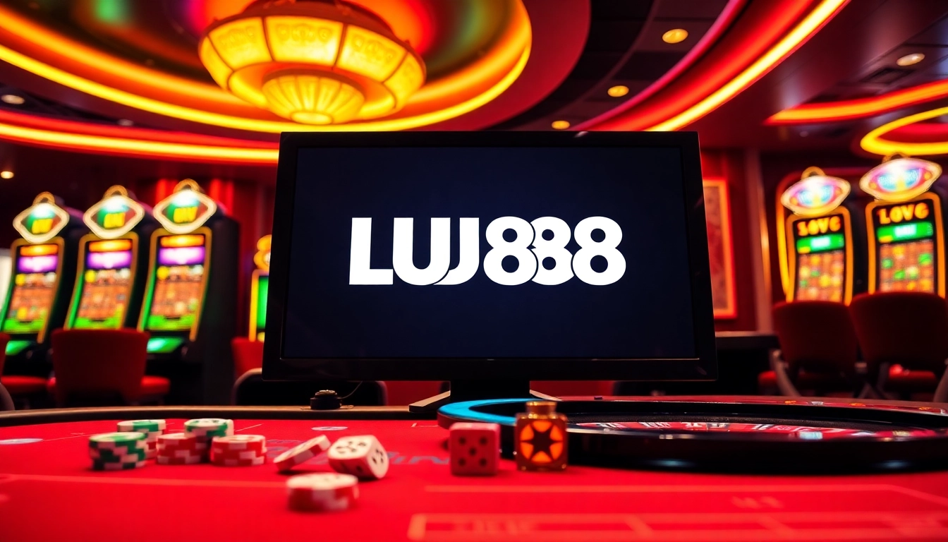 Experience immersive gaming excitement with Lu88's vibrant casino atmosphere featuring modern tables and roulette.