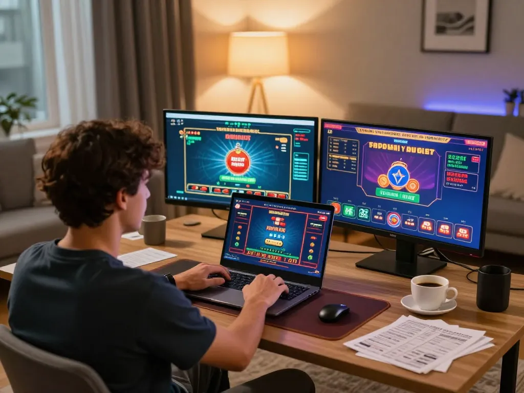 Player engaging in online gambling activities at https://lu88y.com/ with multiple screens showcasing casino games.