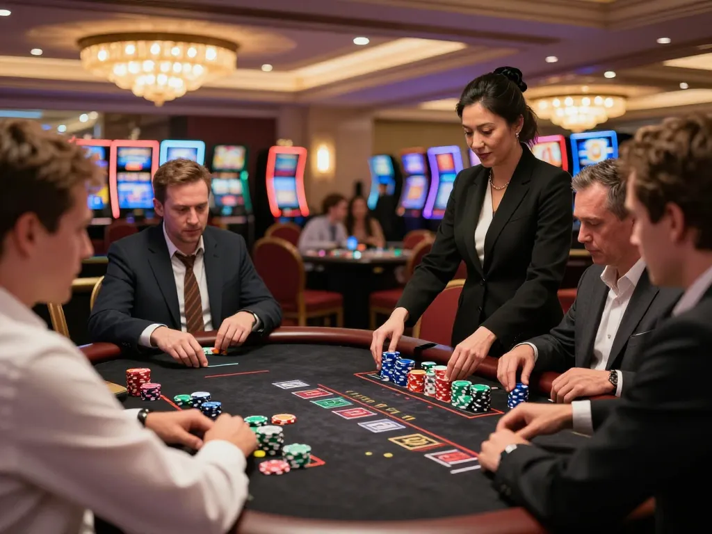 Players engaging in a thrilling blackjack game at VU88 casino with vibrant atmosphere and high-stakes excitement.