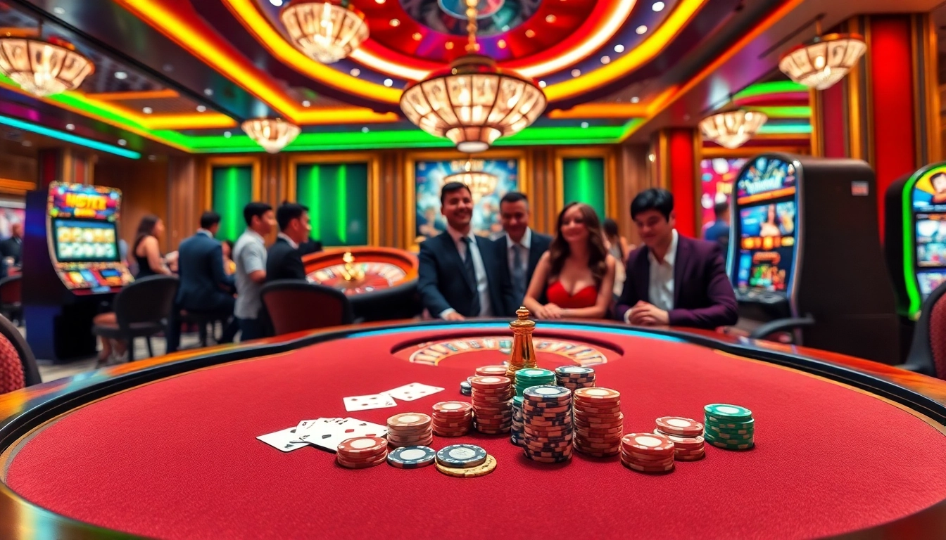 Experience the thrill of gaming at https://tg88.fyi/ with an elegant casino scene featuring poker tables.