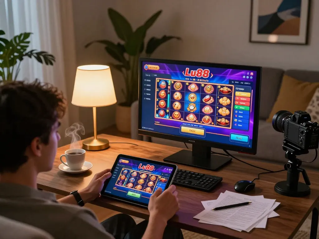 Player engaging with Lu88 online casino on tablet in a cozy living room setting.