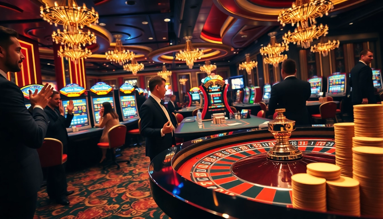 Experience the thrilling gameplay at LODE88 with an exciting casino scene featuring roulette tables and vibrant slot machines.
