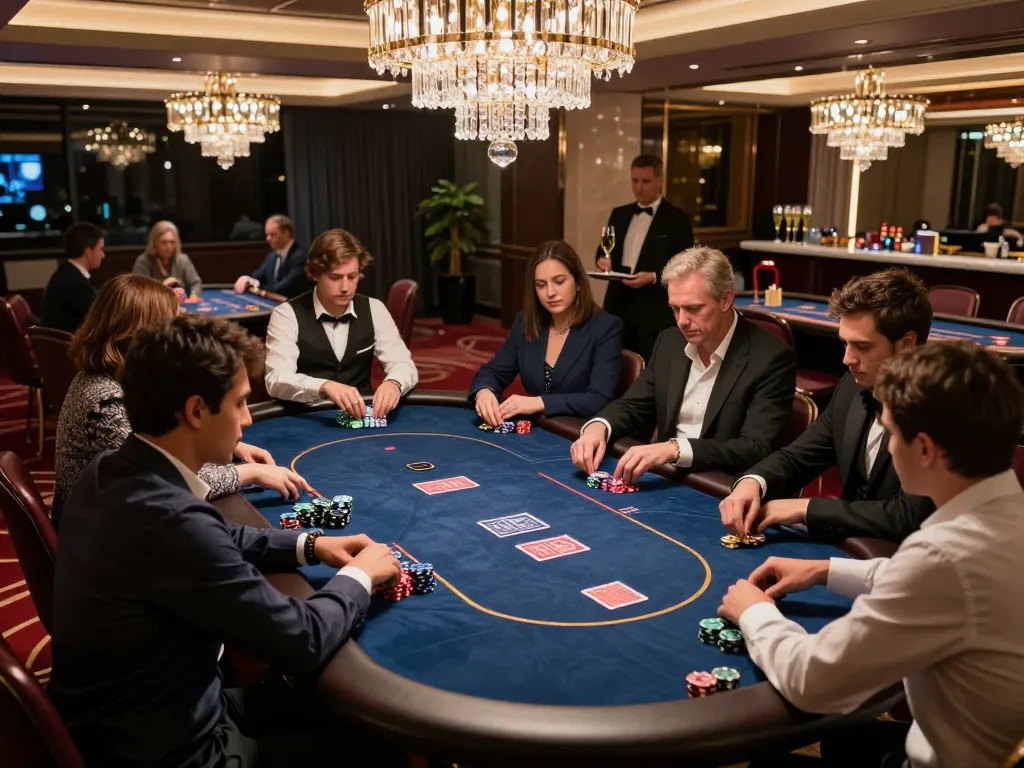 Lode88 players competing at an elegant poker table in a luxurious VIP casino setting.