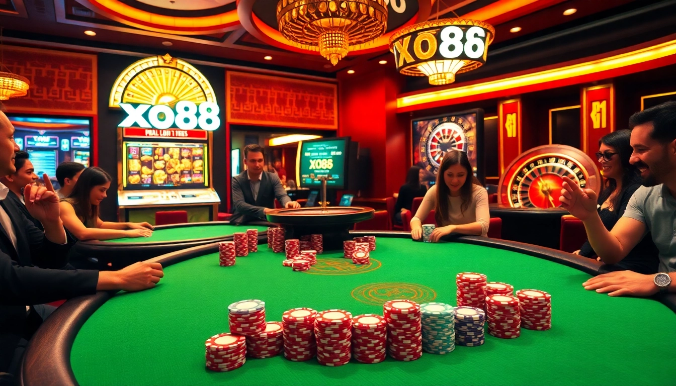 Engage in thrilling gaming excitement at xo88 with vibrant casino visuals including poker tables and slot machines.